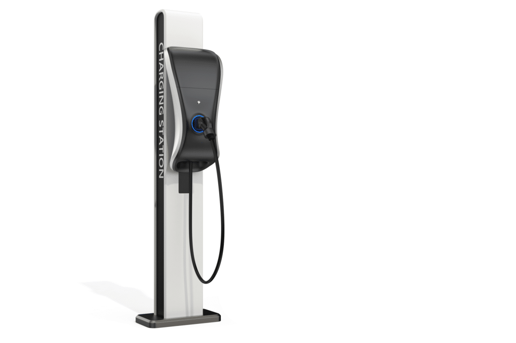 A black and white electric charging station for parking on a white background.