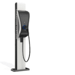 A black and white electric charging station for parking on a white background.
