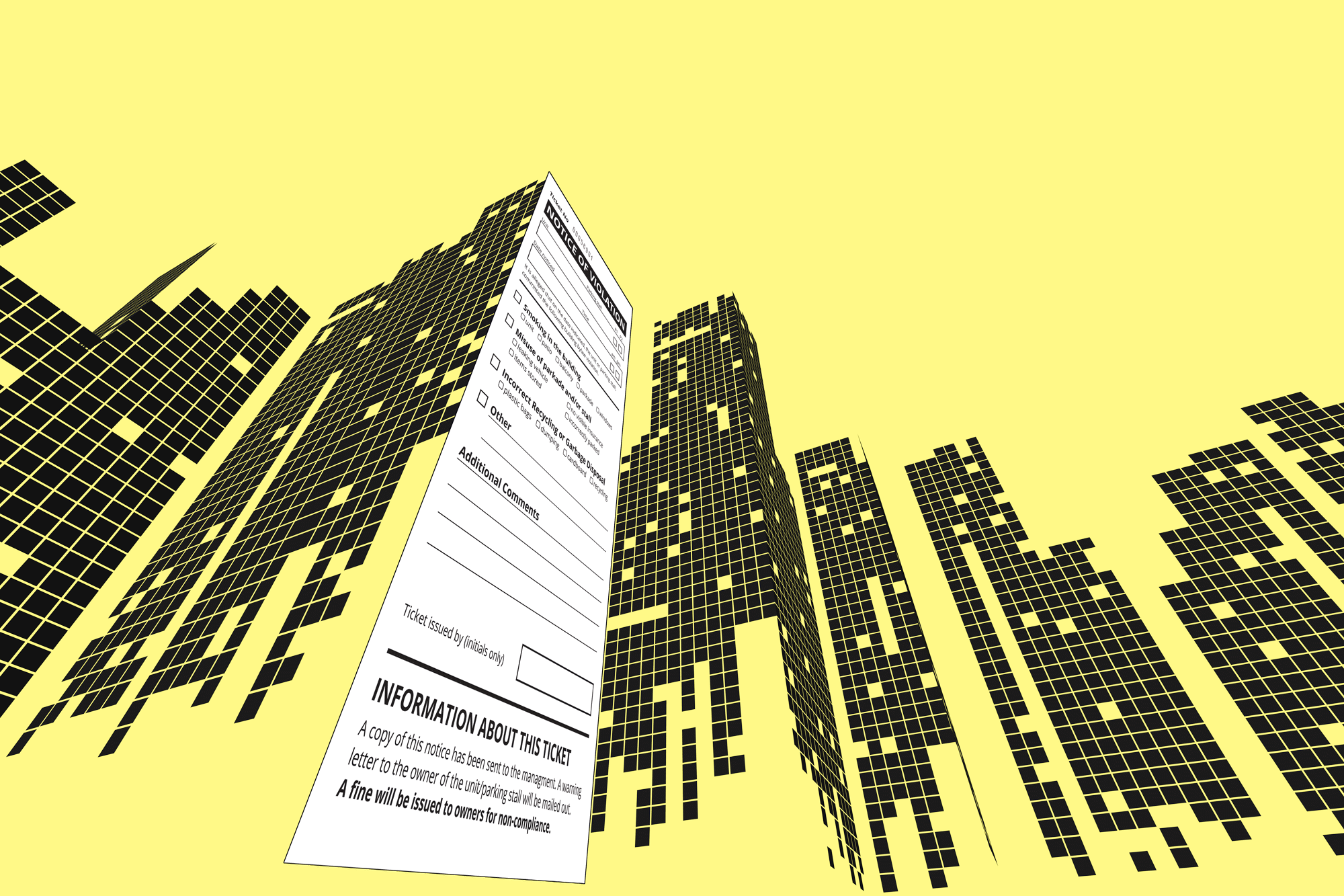 An image of a cityscape with a vibrant yellow background highlighting parking and mobility.
