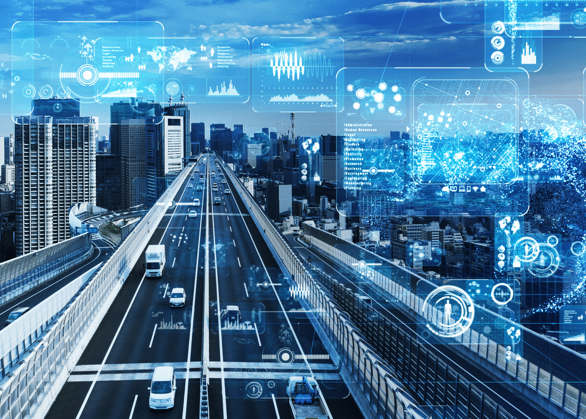 An image illustrating the futuristic mobility of a city with a futuristic bridge.