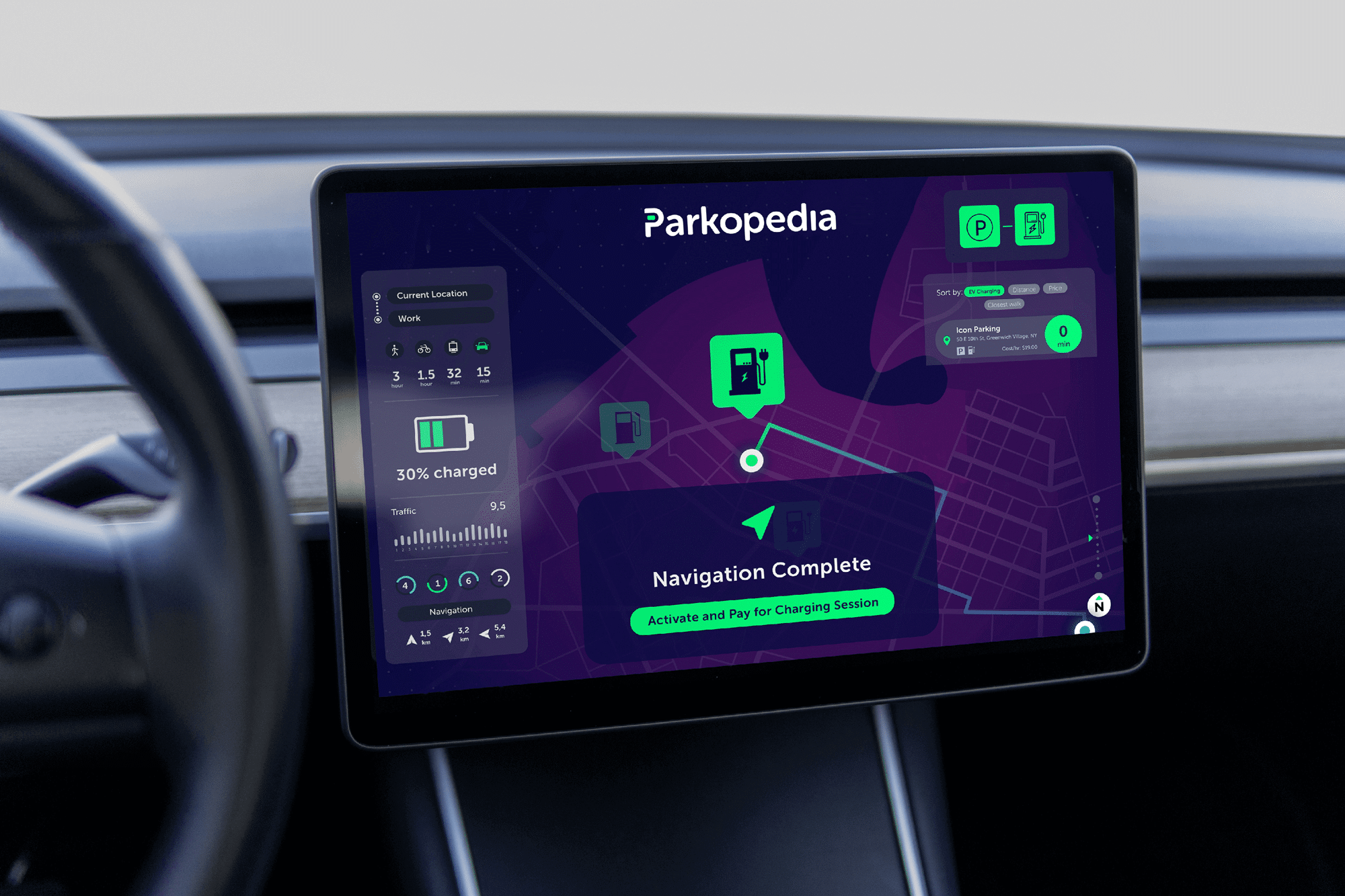 The parking dashboard of a Tesla Model X.