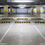 Editor's Note: A parking lot with yellow and green stripes.