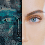 A woman's face is shown next to a computer image.