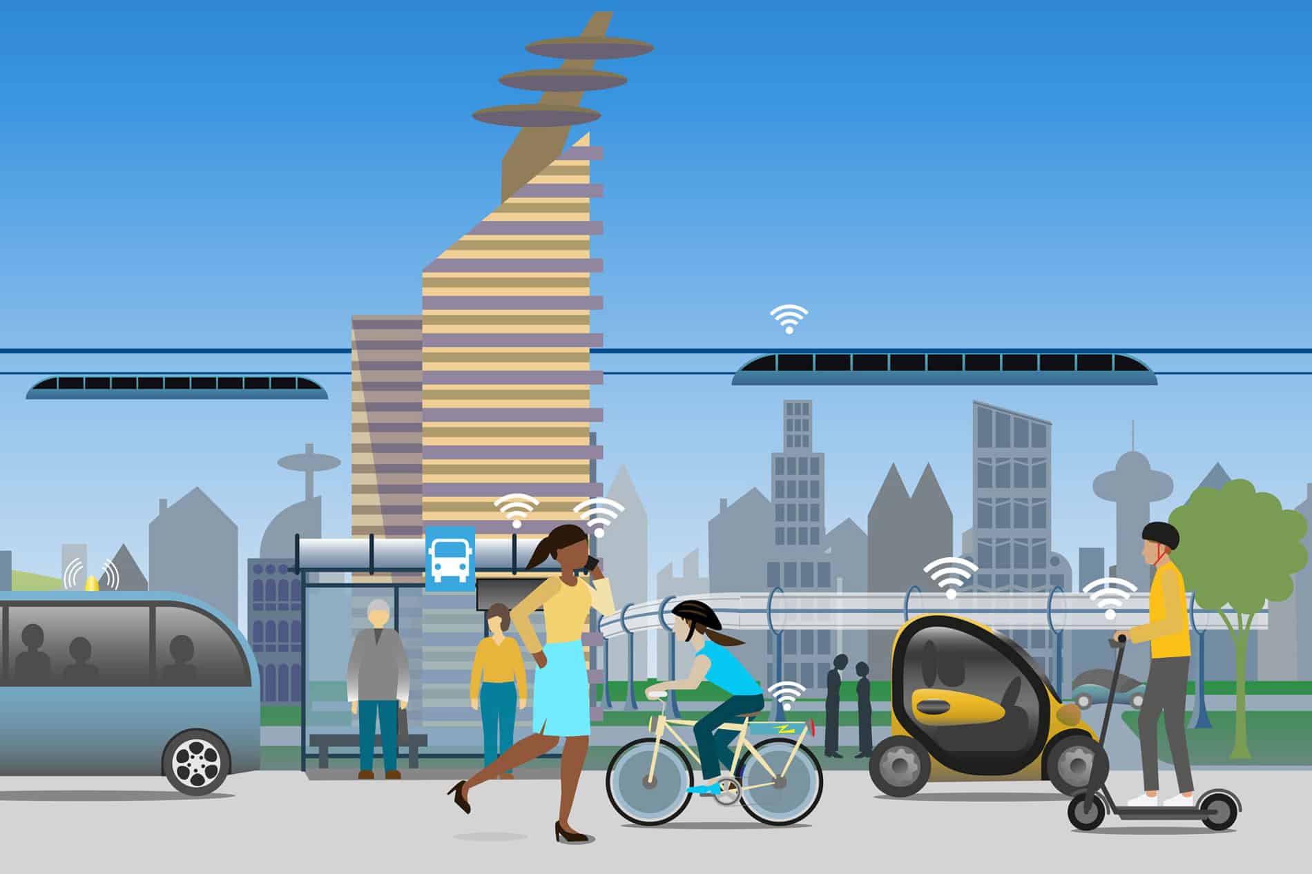illustration on people using different modes of transportation in a futuristic setting