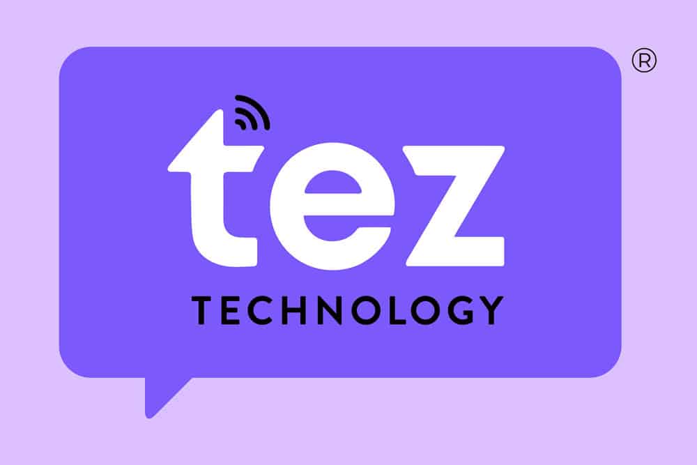 Tez technology logo on a purple background.