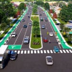 An artist's rendering of a Complete Streets with cars driving down it.