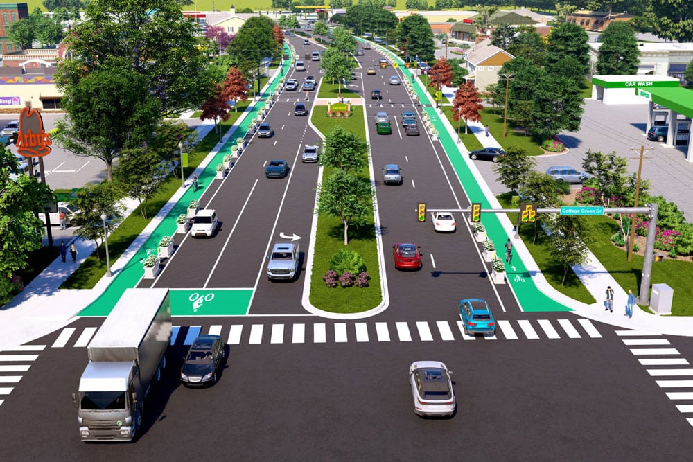 An artist's rendering of a Complete Streets with cars driving down it.