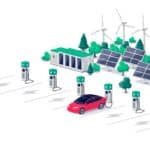 Isometric illustration of electric car charging station with solar panels and wind turbines, celebrating Earth Day.