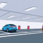 illustration electric vehicle charging in parking garage with family walking by