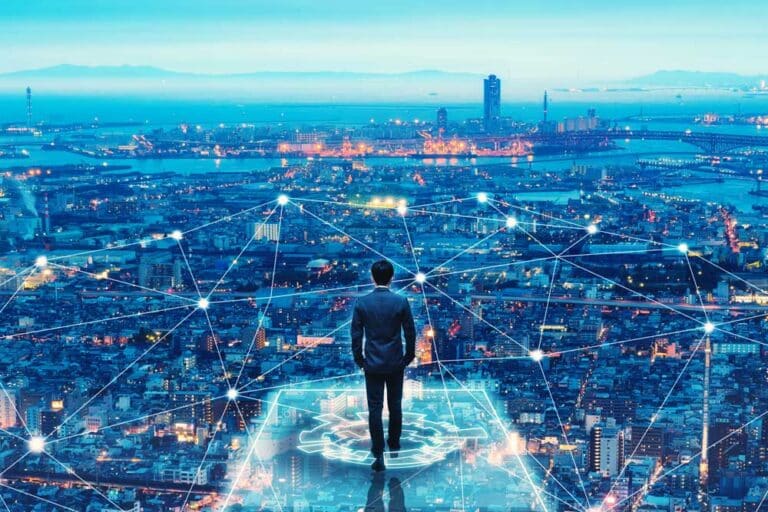 Man looking out over a city connected by digital web