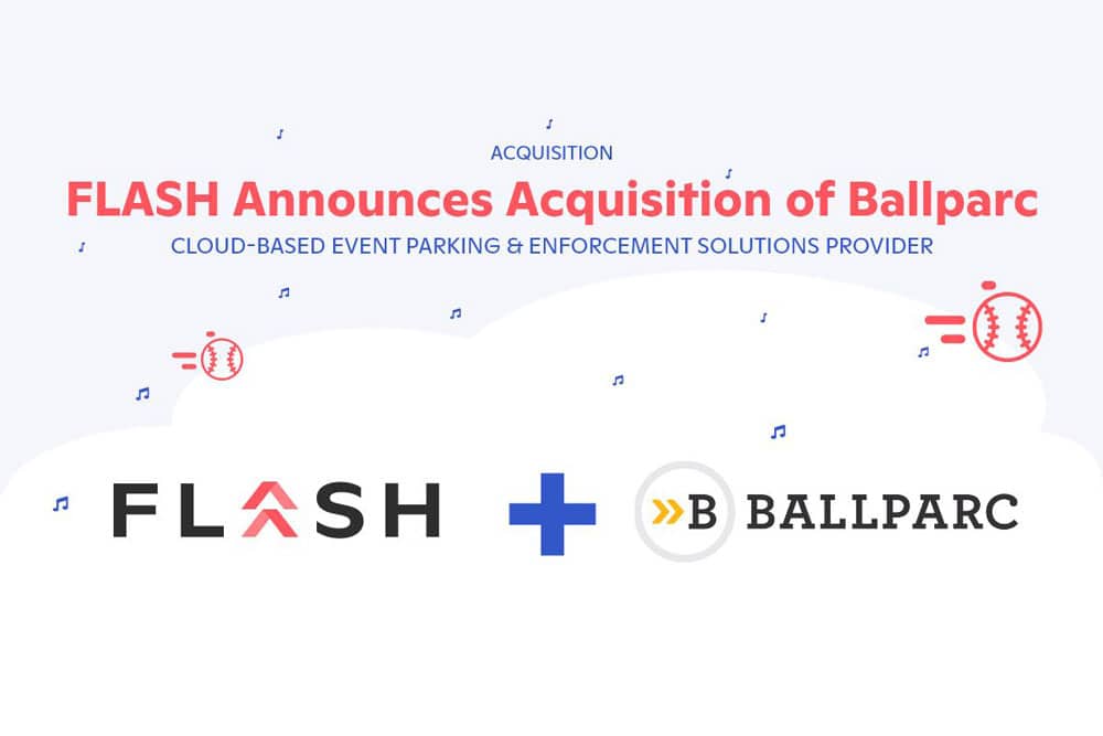 FLASH logo plus Ballparc logo with acquisition announcement over a cloud illustration with a small red baseball illustration flying by
