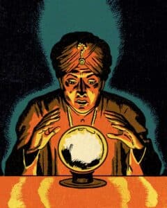 Illustration of a fortune teller with a crystal ball