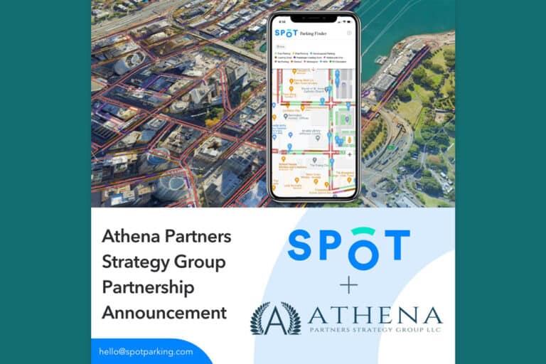 SPOT and athena logos accompanied by image of phone with SPOT parking app over wide city image