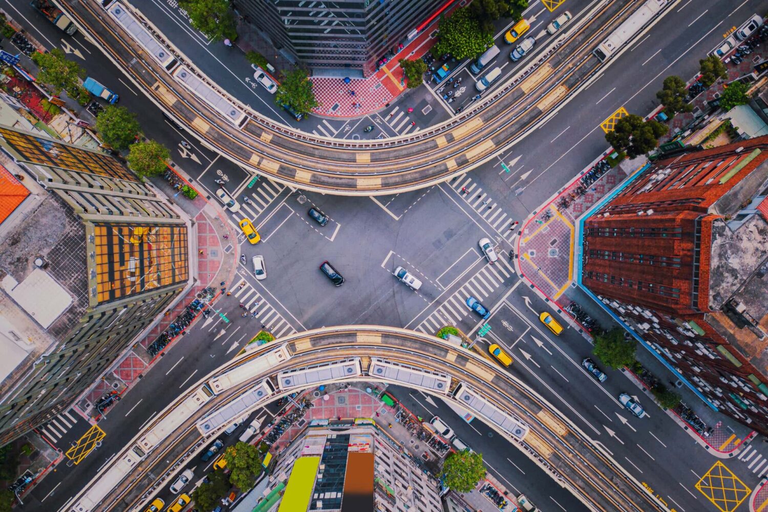 Overhead view of busy city intersection