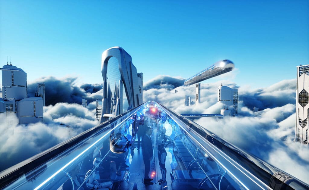 Futuristic looking city with flying vehicles