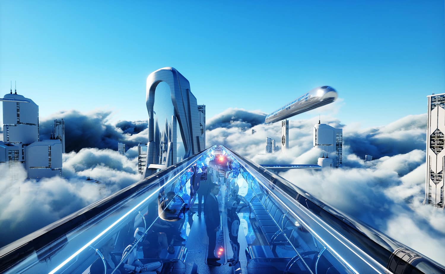Futuristic looking city with flying vehicles