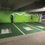 Photo of EV charging parking spots in a garage