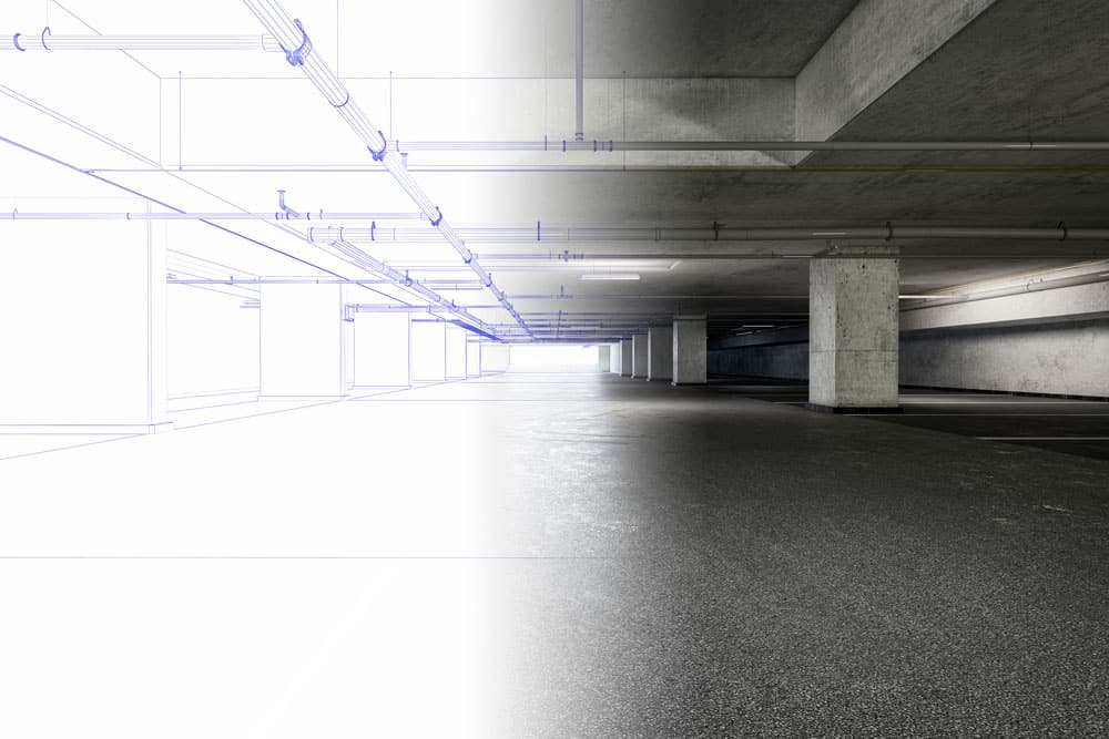 An empty parking garage, designed and built according to IPMI planning and durability standards.