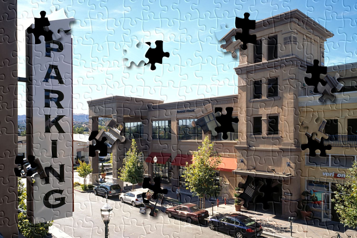 Photo of a parking garage transformed into puzzle illustration