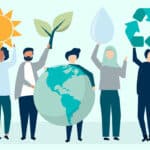 Illustration of people holding different sustainability icons