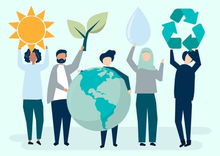 Illustration of people holding different sustainability icons