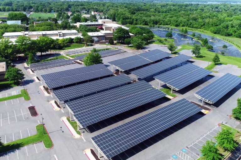 Arial Shot of parking lot with solar panels