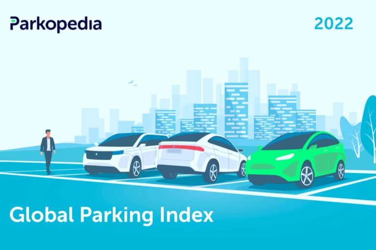 Global Parking Index. Illustration of parked cars in front of a city background.