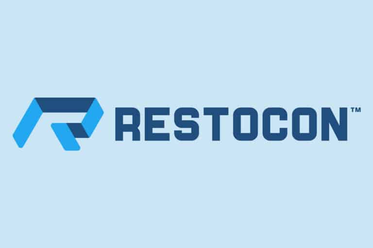 The restocon logo on a blue background.