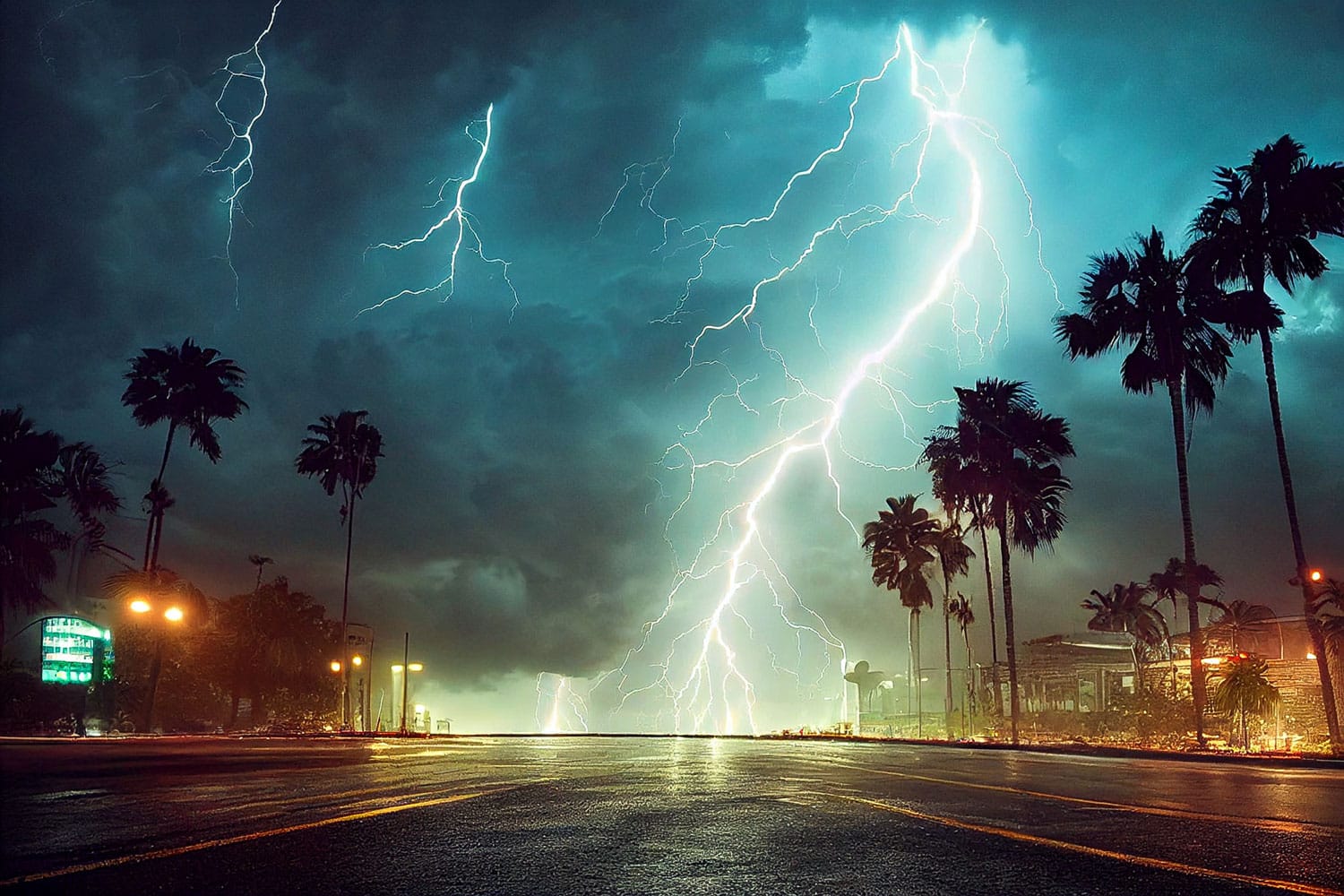 Lightning in the sky over a city with palm trees.