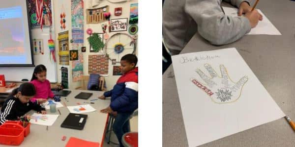 Two pictures of a classroom with students working on a simple project.
