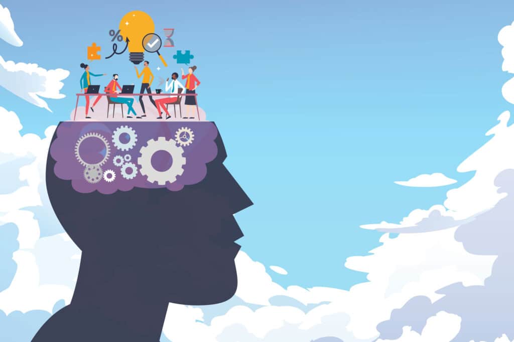 illustration of head with a flat top with people sitting around brainstorming. Illustrated clouds in the background.