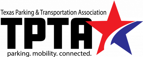 A blue and red star logo representing the Texas Parking & Transportation Association on a black background.