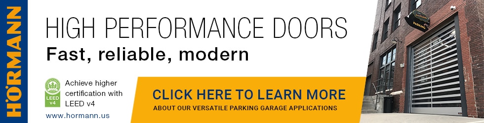 An advertisement for high performance parking doors.