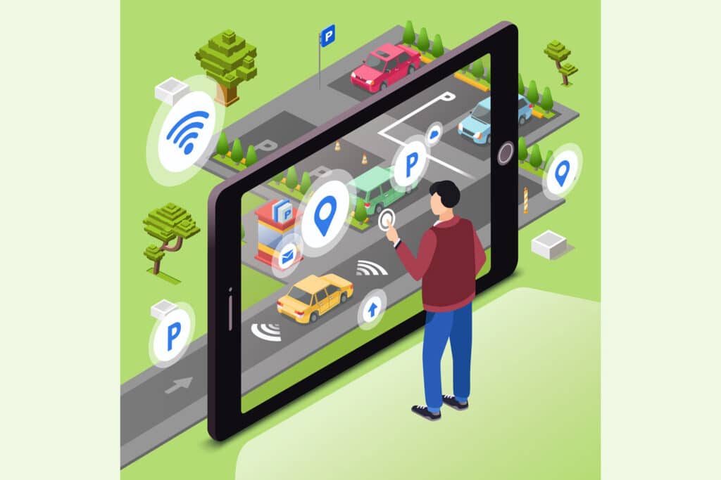Illustration of man using a giant tablet with images of transport on it