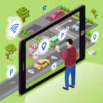 Illustration of man using a giant tablet with images of transport on it