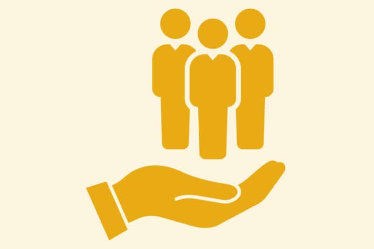 Yellow icon of hand under 3 people.