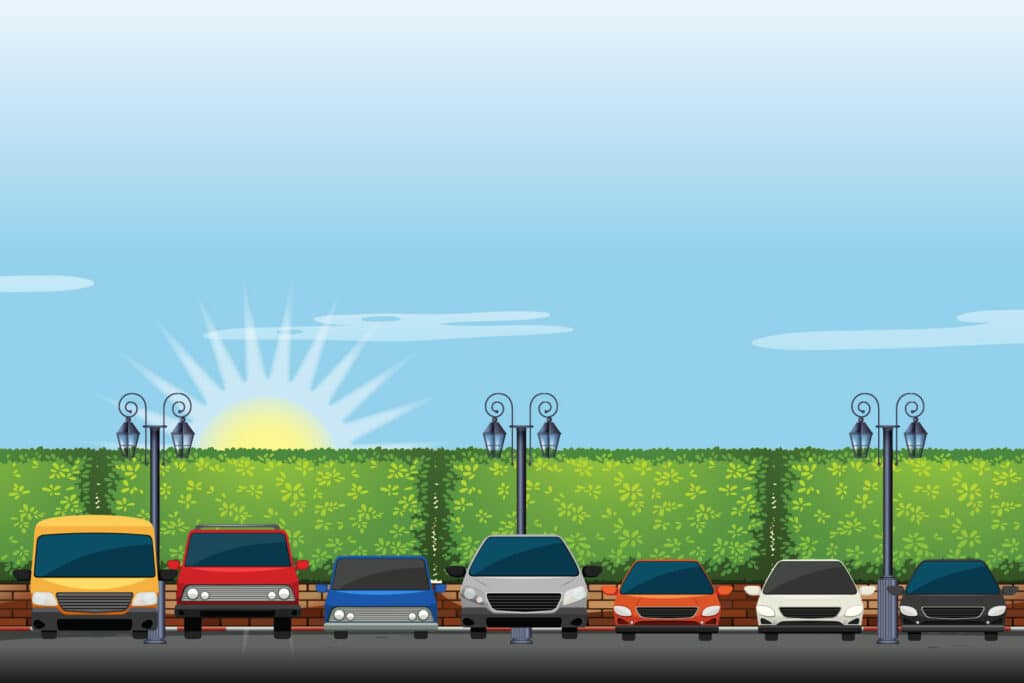 Illustration of a row of cars parked in a parking lot that backs up to green hedges