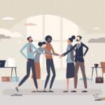 Illustration of diverse group of people shaking hands in an office