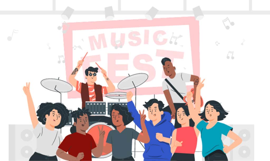 Illustration of people at a music festival