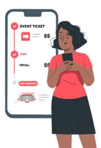 illustration of woman in front of giant phone with event ticket app with an option for "Add Parking"