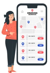 illustration of woman point at giant human-sized phone with an e-parking app on it