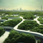 Photo of a futuristic image of roads winding through a forest leading to a city, where it may typically be a view of a highway.