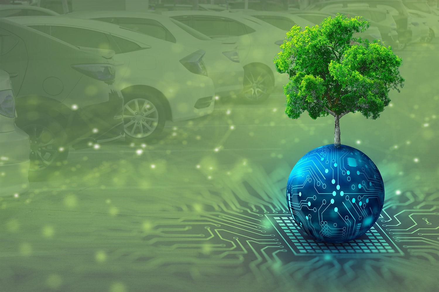 A tree grows on top of a circuit board amidst cars in a parking lot.