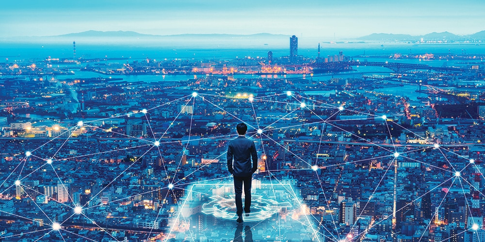 illustration of a man standing over a city with digital overlay