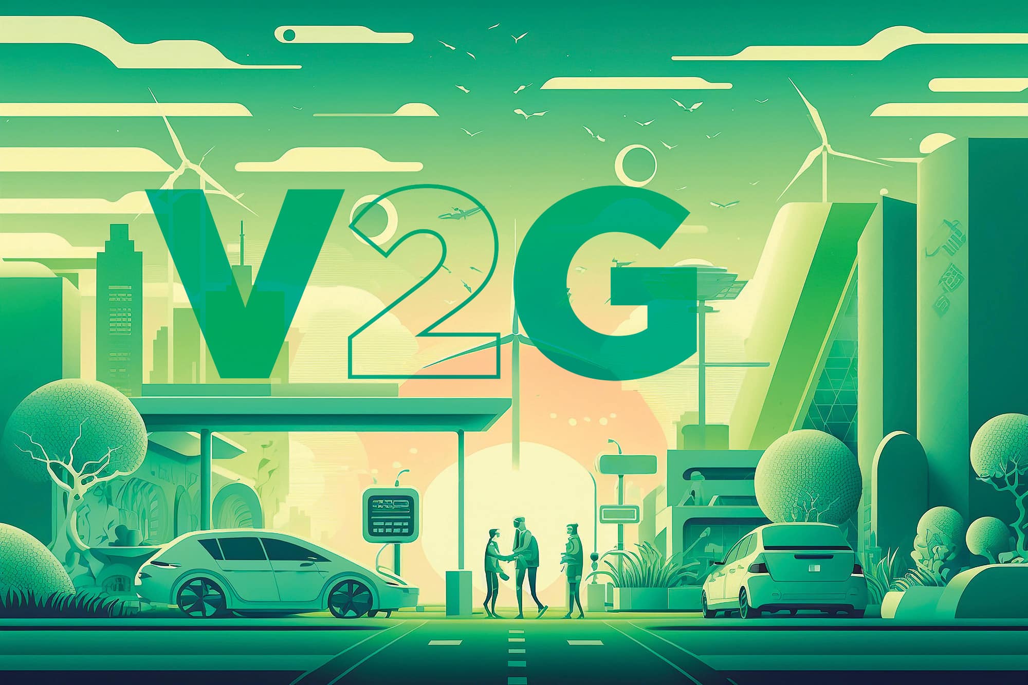 Illustration, with a green/yellow overlay, of a EV cars charging in a environmentally friendly city.