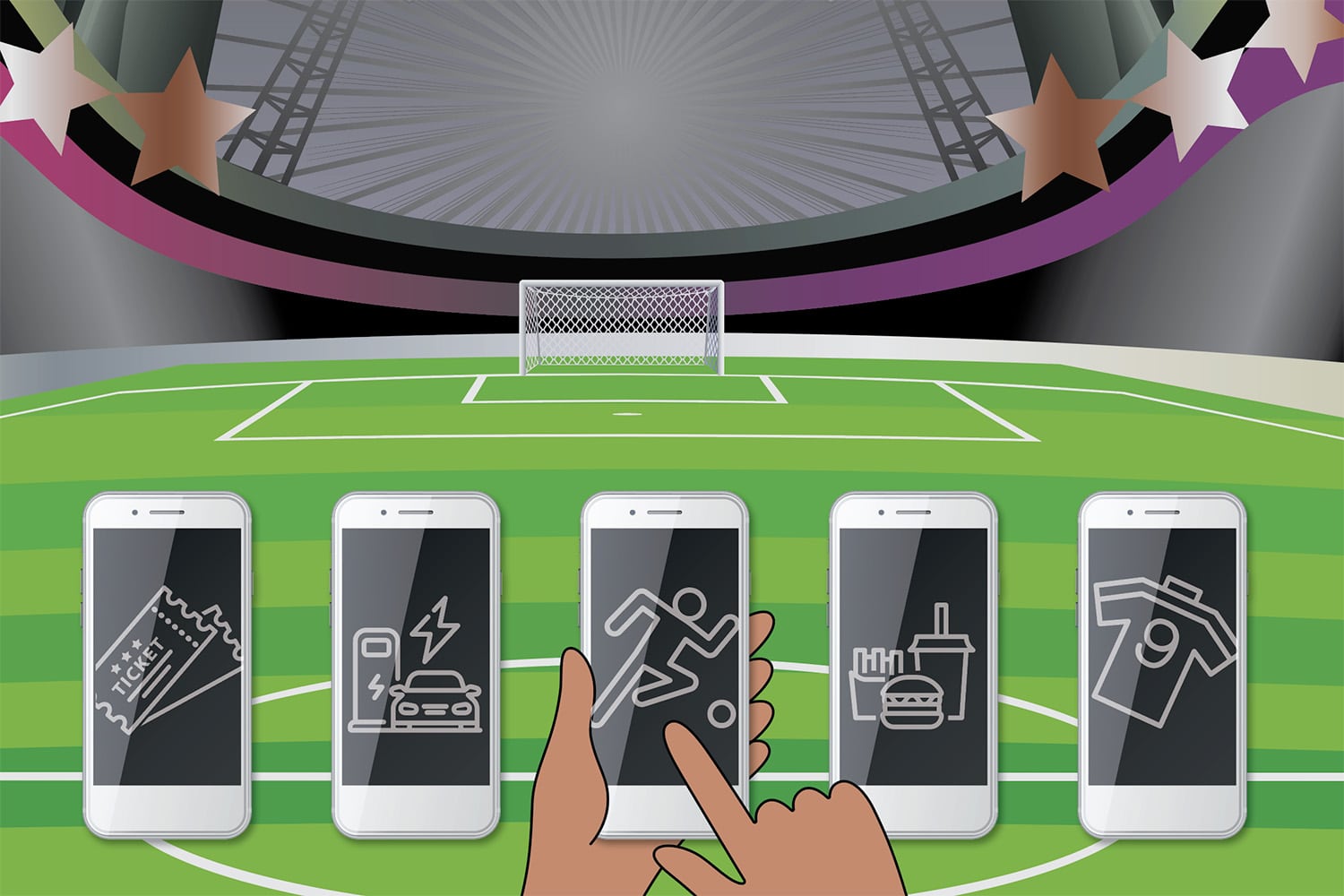 Illustration of 5 phones with event related icons in front of a backdrop of a soccer stadium.