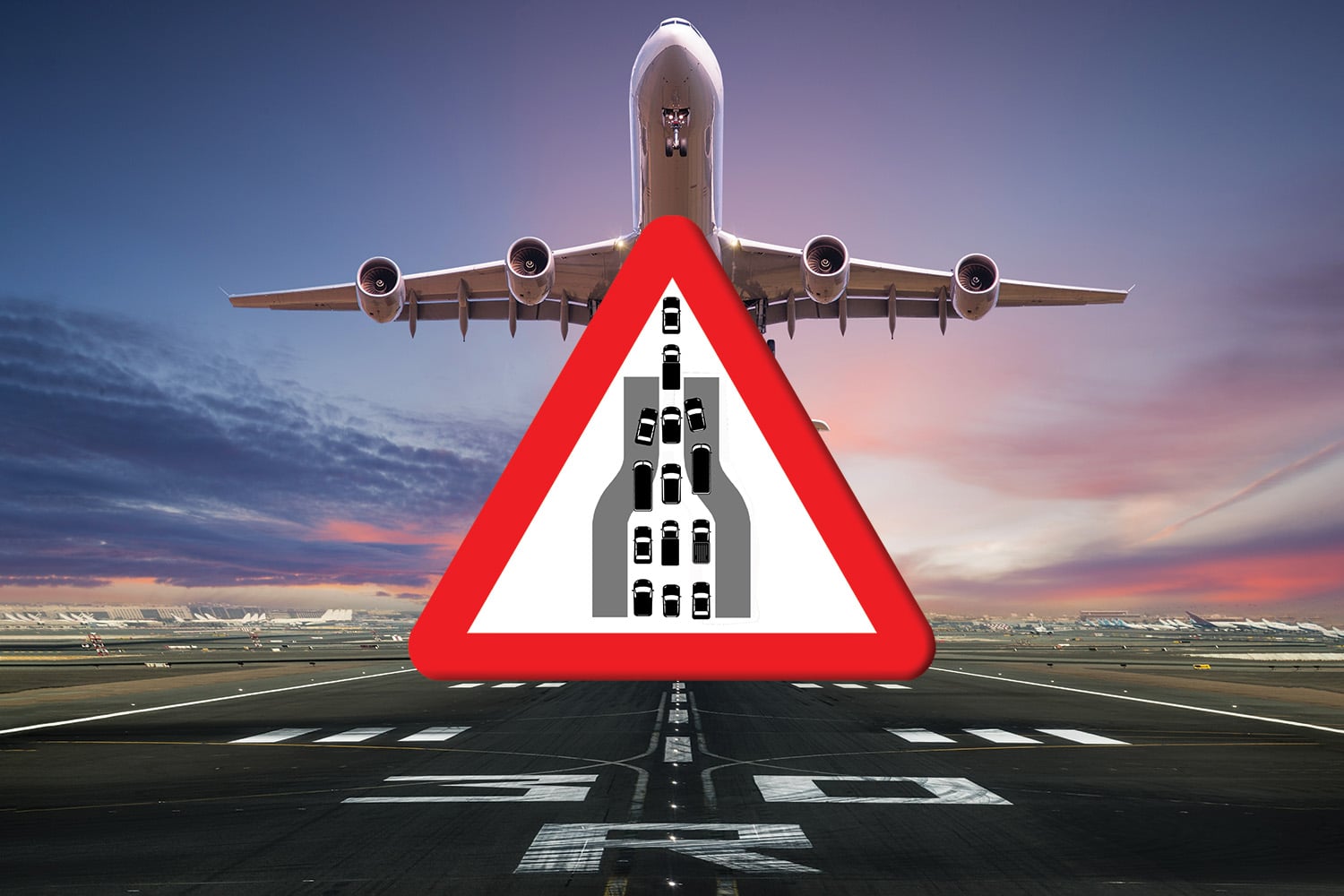 sign of a bottleneck ahead in front of a photo of an airplane taking off.