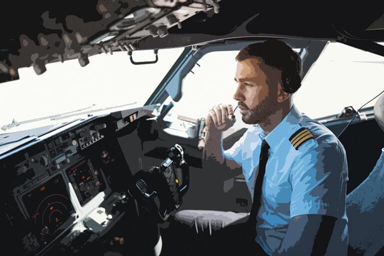 Photo of a pilot sitting in the cockpit and talking on a headset
