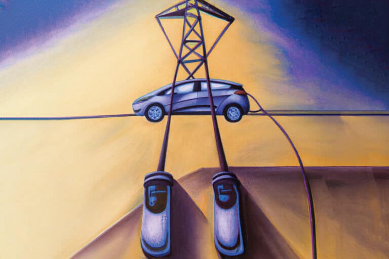 illustration of an electric vehicle plugged into powerlines