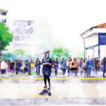 Illustration of woman wearing mask on city street in front of a crowd of people